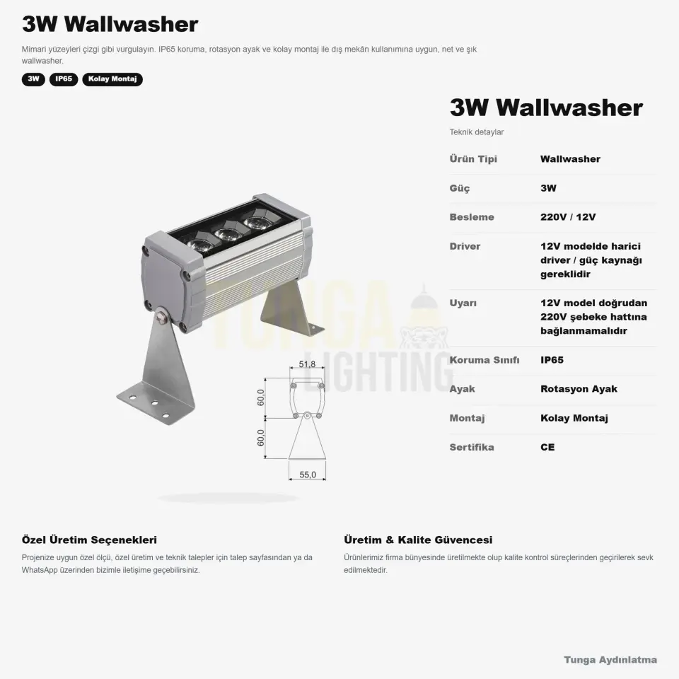 Wallwasher Aydınlatma 3W IP65 220V Rotasyon Ayak CE